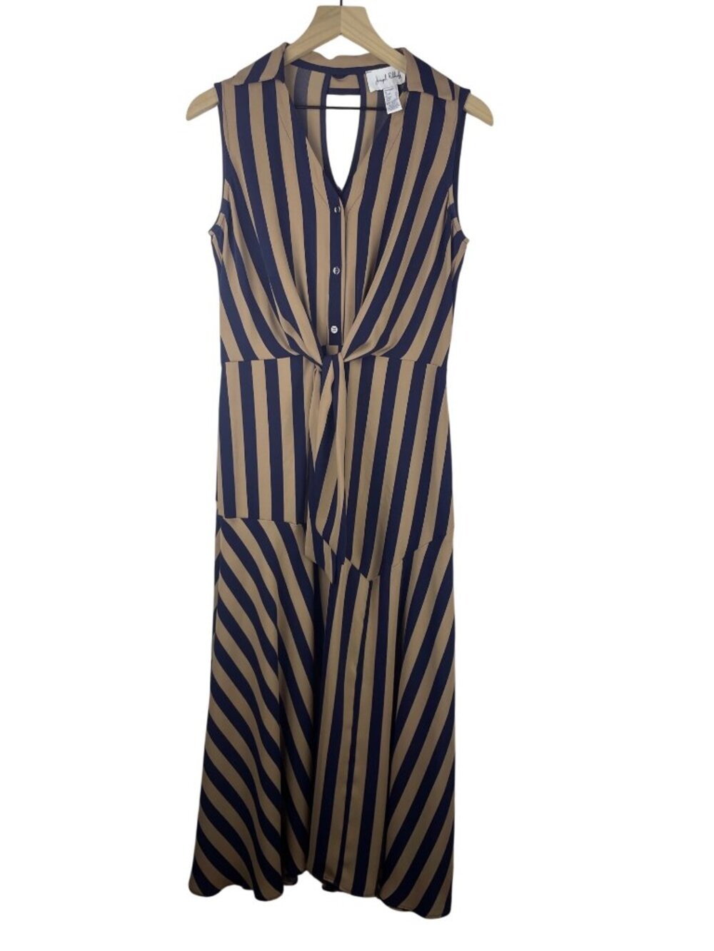 Joseph Ribkoff Navy & Tan Striped Sleeveless Midi Dress Size 4